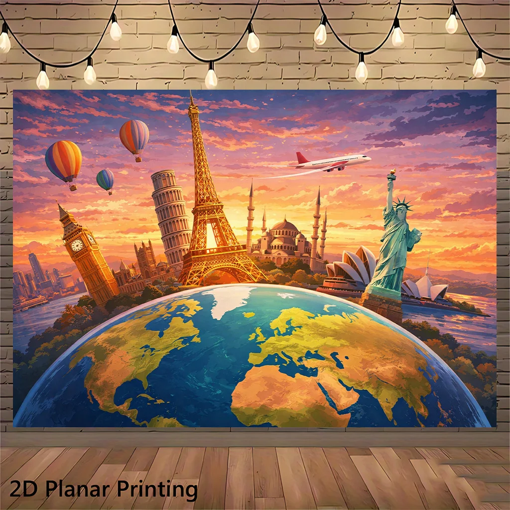 Vintage World Travel Tapestry Global Landmark Wall Art Decor Map Eiffel Tower Statue of Liberty Paris London Istanbul Sydney