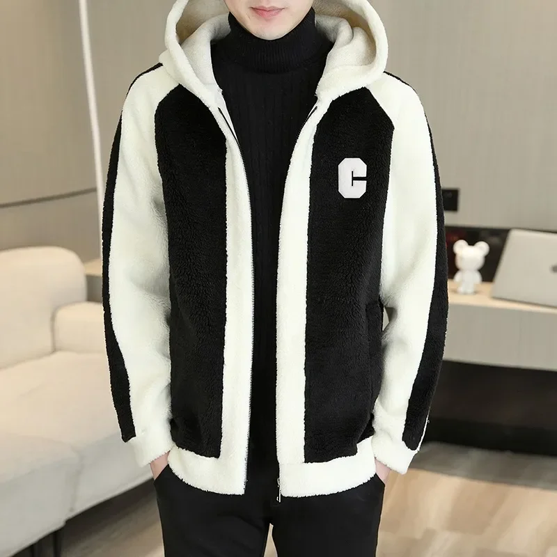 

Winter Integrated Fur and Leather Woolen Hooded Jacket Men Add Cotton Thick Warm Coat Casual Streetwear Overcoat Men Clothing