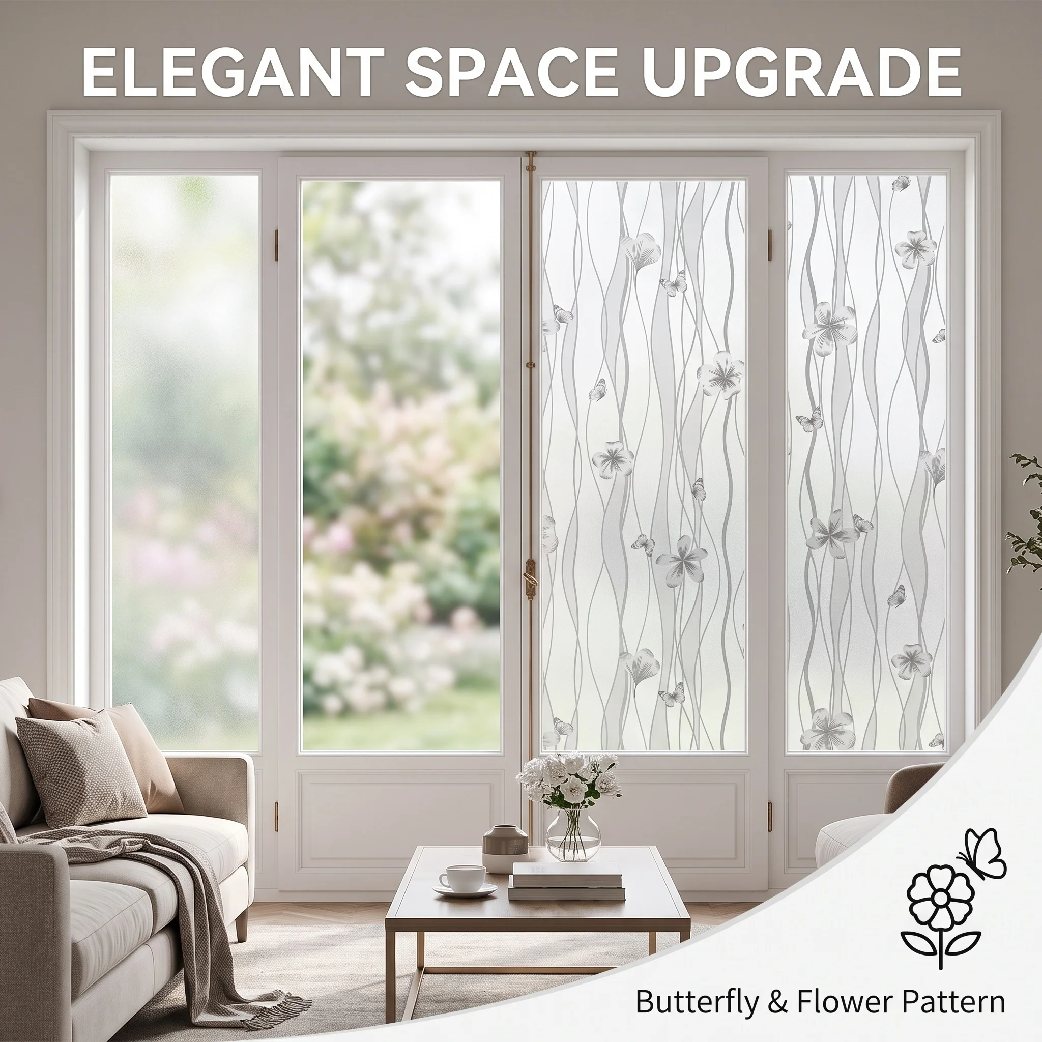 Grey Butterfly Flower Wave Pattern Self-Adhesive Window Film Frosted Privacy Glass Sticker Anti-UV Decorative Home Decor
