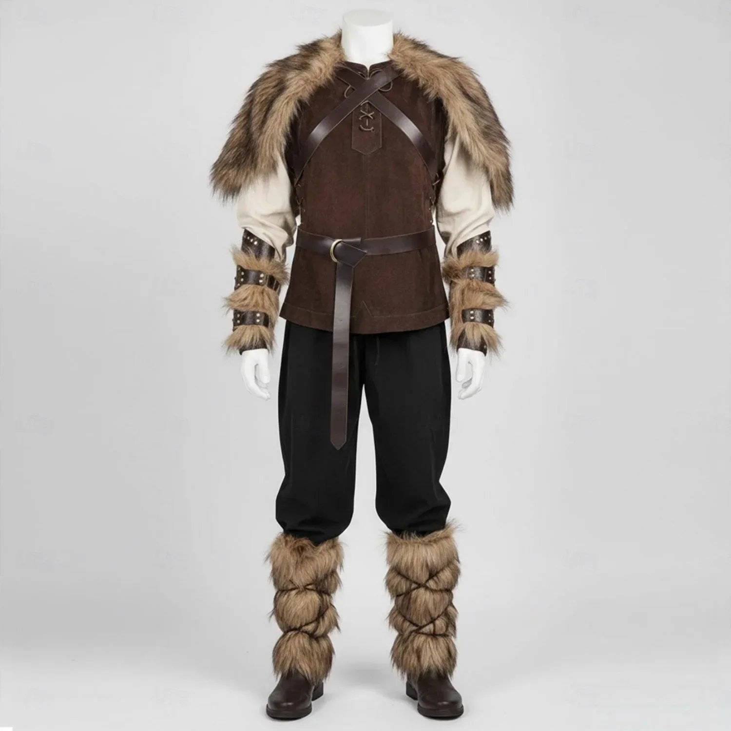 Set Medieval Renaissance Knee Length Outfits Fancy Costume Faux Fur Costume Warrior Men's Viking Halloween Carnival LARP - view 4