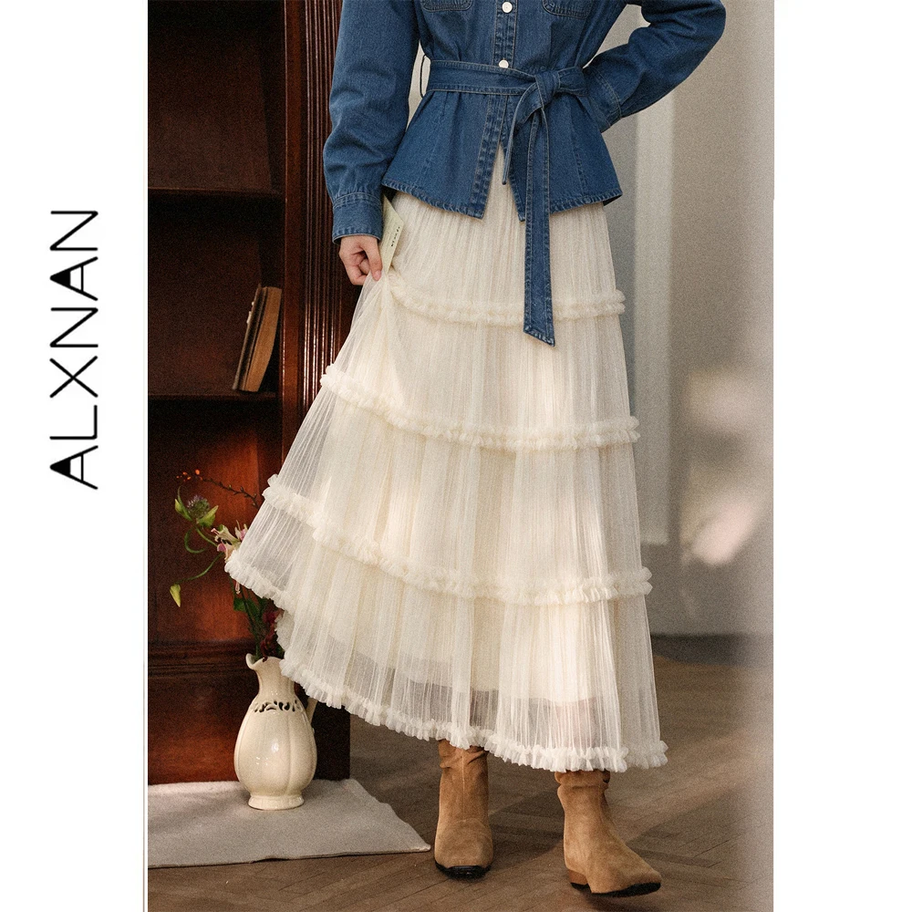 ALXNAN French Apricot Mesh Midi Skirt Women Autumn New Long A-line Tiered Skirt 2026 Fashion Elegant Female Clothing L679159A