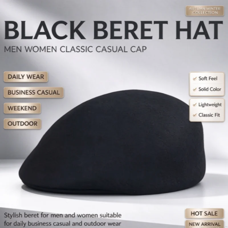 Unisex Wool Felt Flat Beret Cap Classic Winter Newsboy Ivy Cabbie Hat French Elegant Hard Visor Forward Cap Daily Leisure Wear