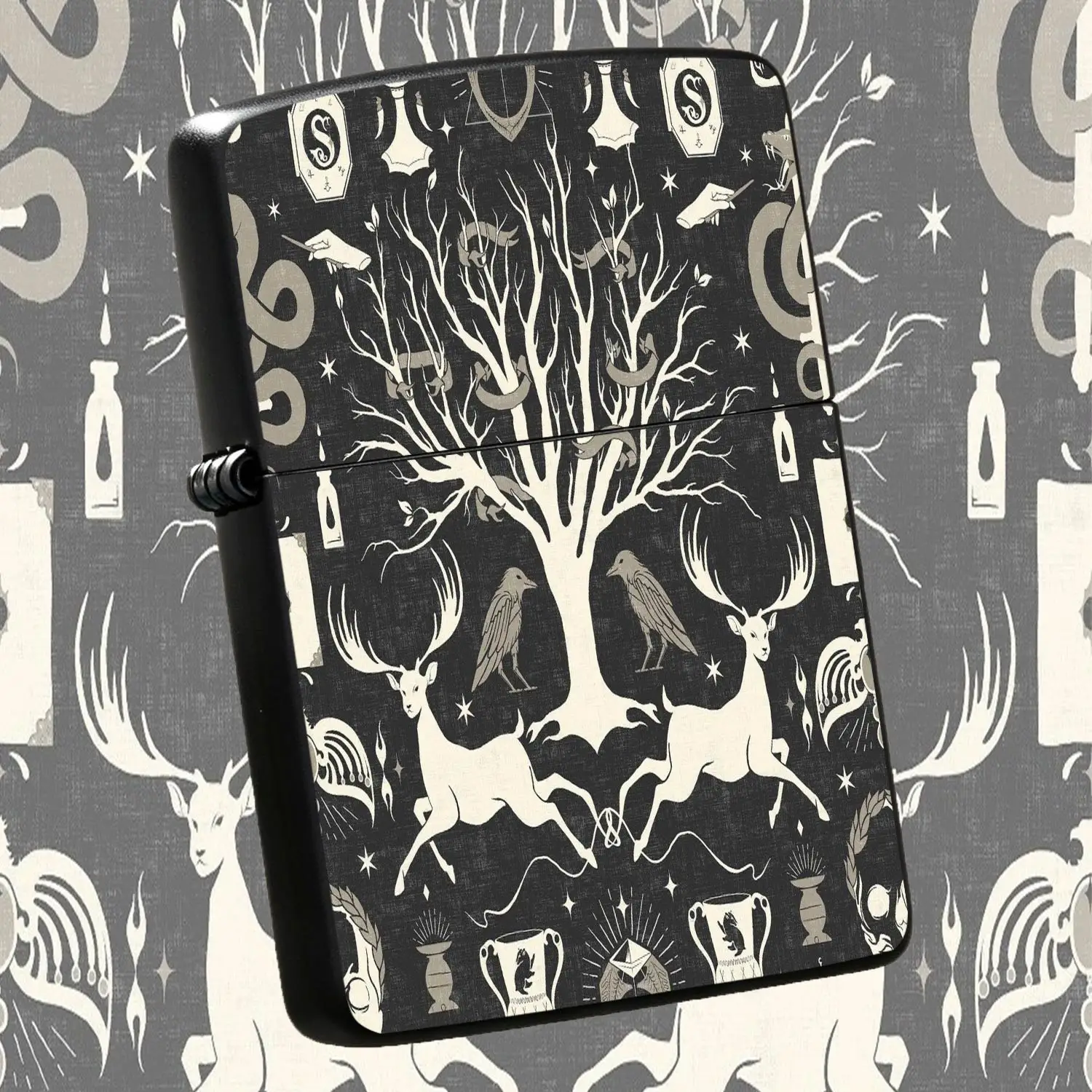 Vintage Mystic Magic Pattern Lighter, Dark Aesthetictotem Portable Igniter, Multi-Scene Universal Stylish Decor, Unique Creative Gift With Occult Raven Stag Print For Daily Carrying And Personal A Humorous And Interesting Lighter