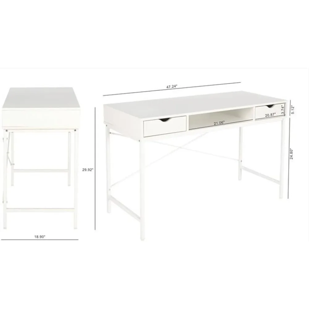 مكتب كتابة مقاس 48 بوصة مع أدراج، ومحطة عمل كمبيوتر محمول كبيرة للمكتب المنزلي الحديث مع مساحة تخزين، وأدراج بيضاء