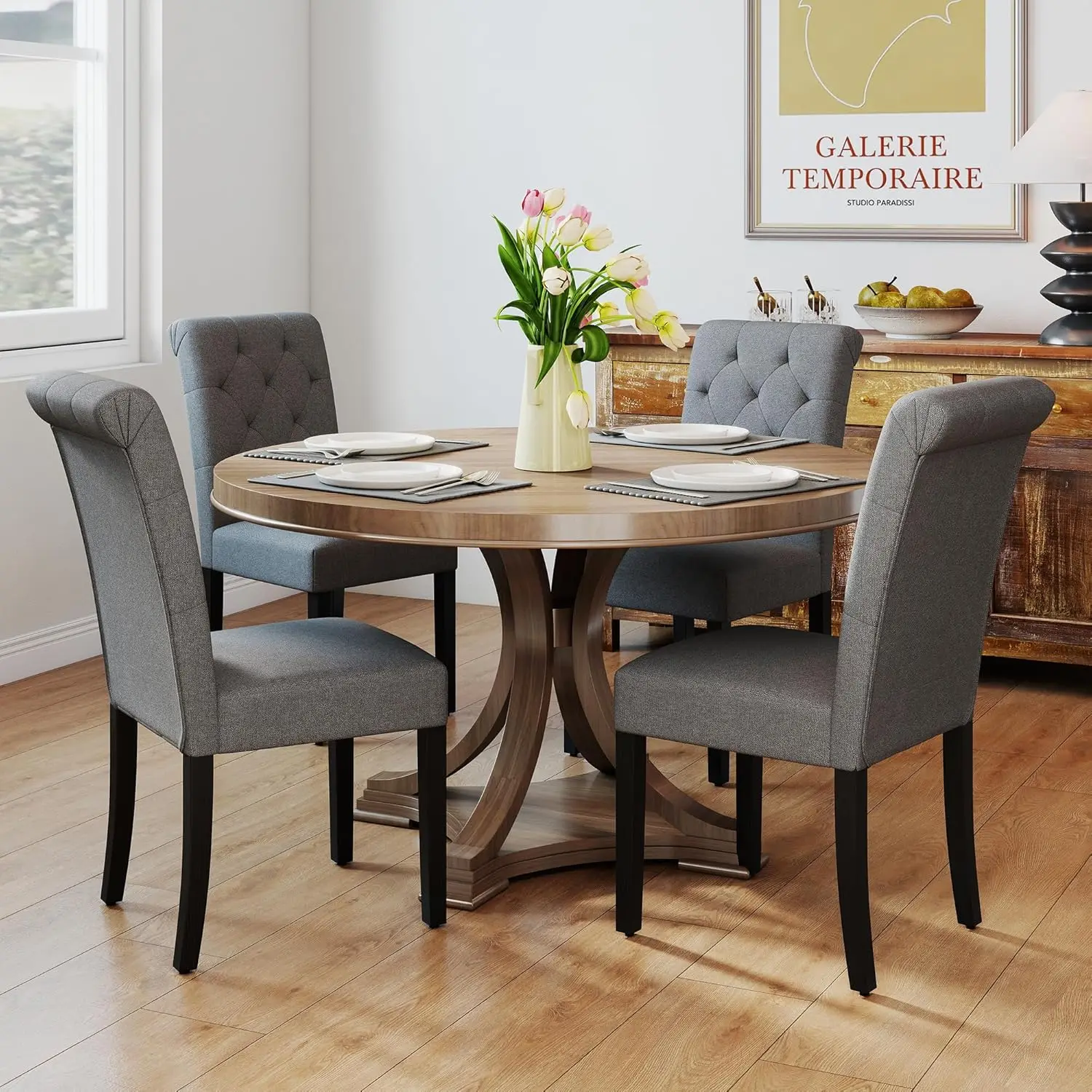 طقم كراسي طعام منجدة مكون من 4 قطع، كرسي مطبخ بارسونز معنقدة بأرجل خشبية صلبة، كرسي جانبي من القماش الرمادي الحديث لتناول الطعام