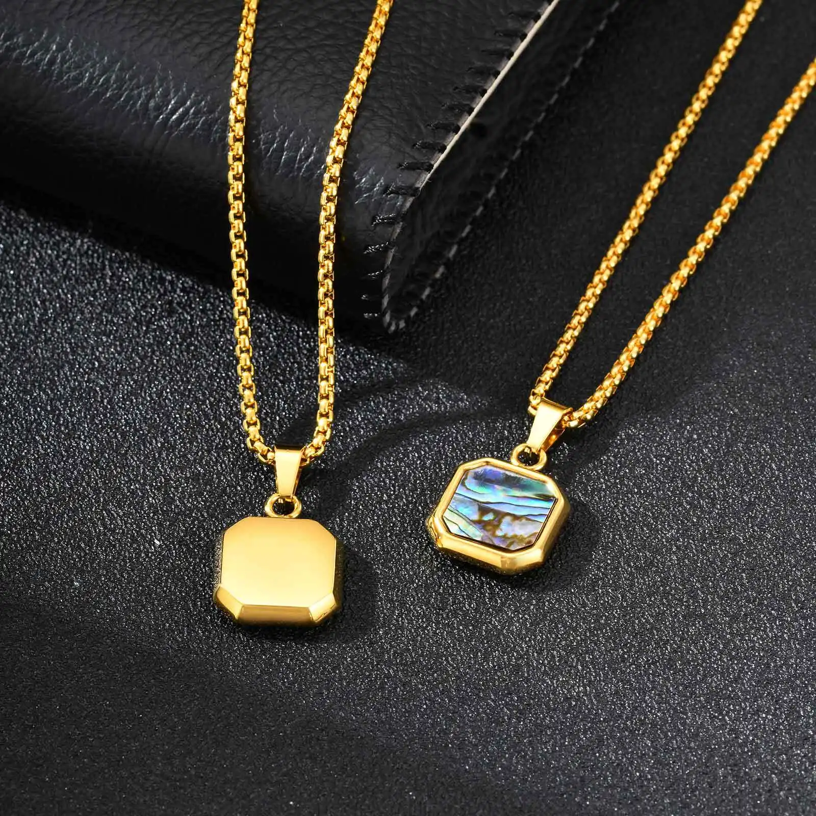 Trendige Herren-Halskette, quadratische Abalone-Muschel-Edelstahl-Halskette, Geburtstagsfeier, Vater-Schmuck, Geschenk – Detail 4