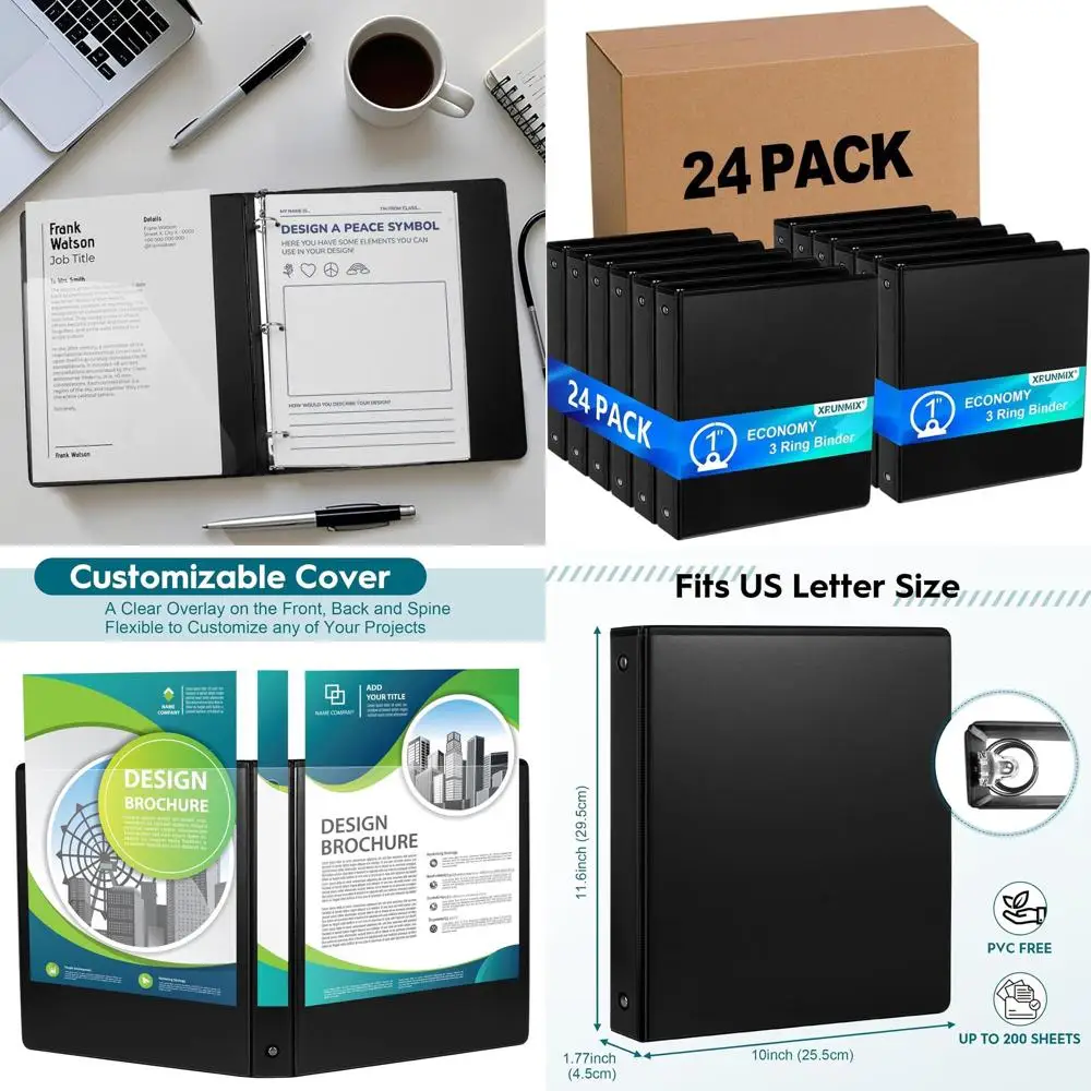 

Economical 3-Ring Binders, 1 Round, Holds 200 Sheets, US Letter, Clear Presentation, Non-Stick, Black (24 Pack)