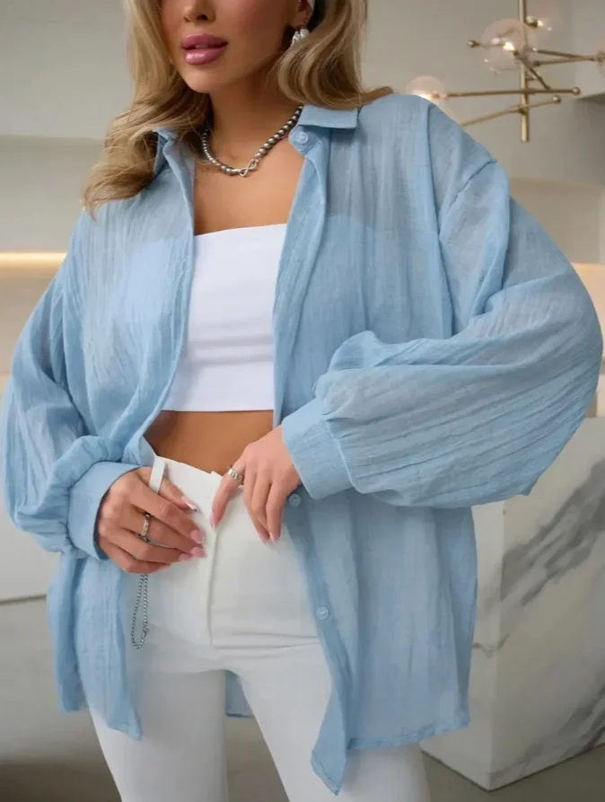 Fashionable Loose Long Sleeve Shirt Casual Versatile Women's  Collar Sun Protection Thin Material Commute Style Pure Color