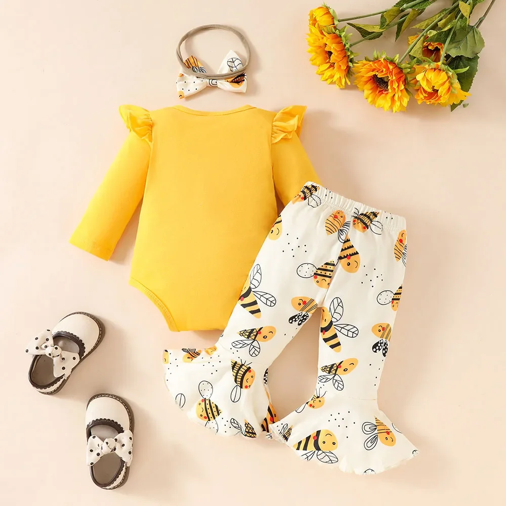 0-18 M Baby Girls Clothes Set 3Pcs New Autumn Infant Bodysuit Set Toddler Girls Cute Cartoon Print Bell-bottoms with Headband