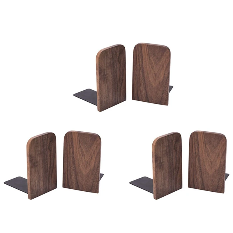 6Pcs Wooden Bookends With Metal Base Heavy Duty Black Walnut Book Stand With Anti-Skid Dots For Office Desktop