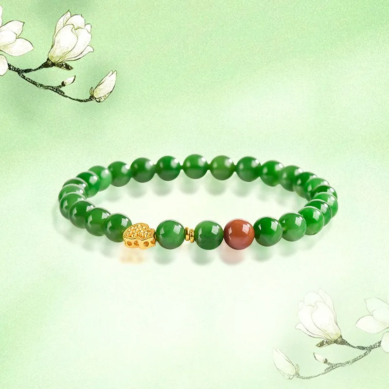 

TIMESWIND Deep Green Natural Hetian Jade Bead S5925 Gourd Hollow Women Bracelet with Certificate