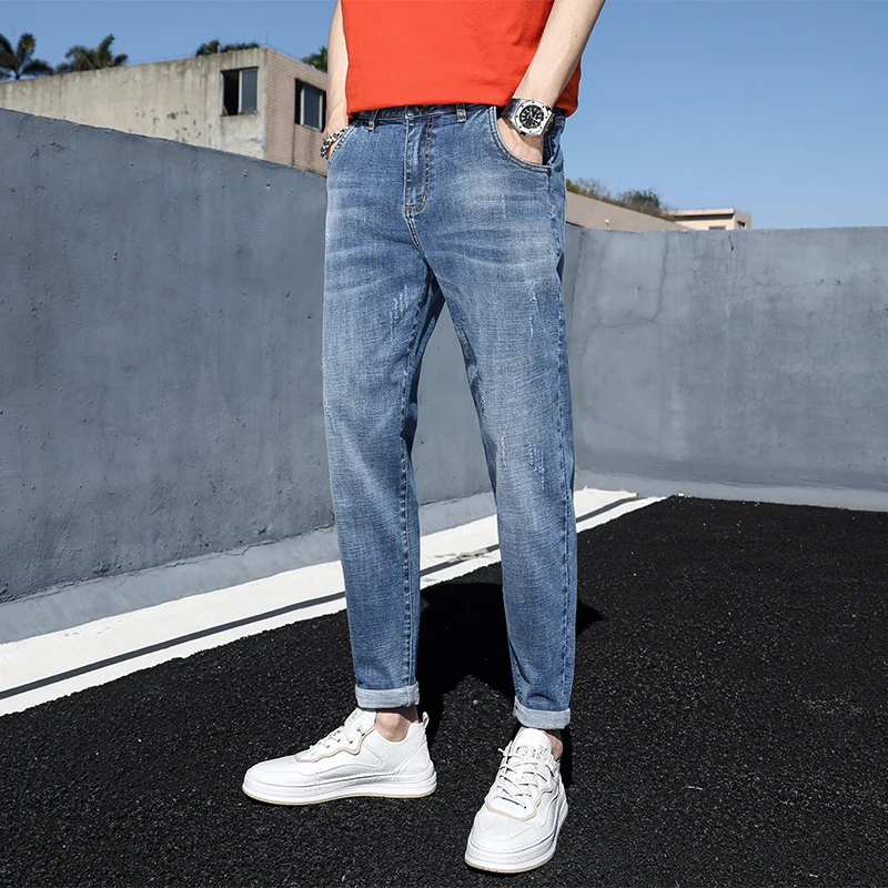 

Джинсы Slim Fit длиной 7/8 для мужчин, маленький размер 27, повседневные, из хлопкового стрейч-денима, простые, для подростков, весенняя мода