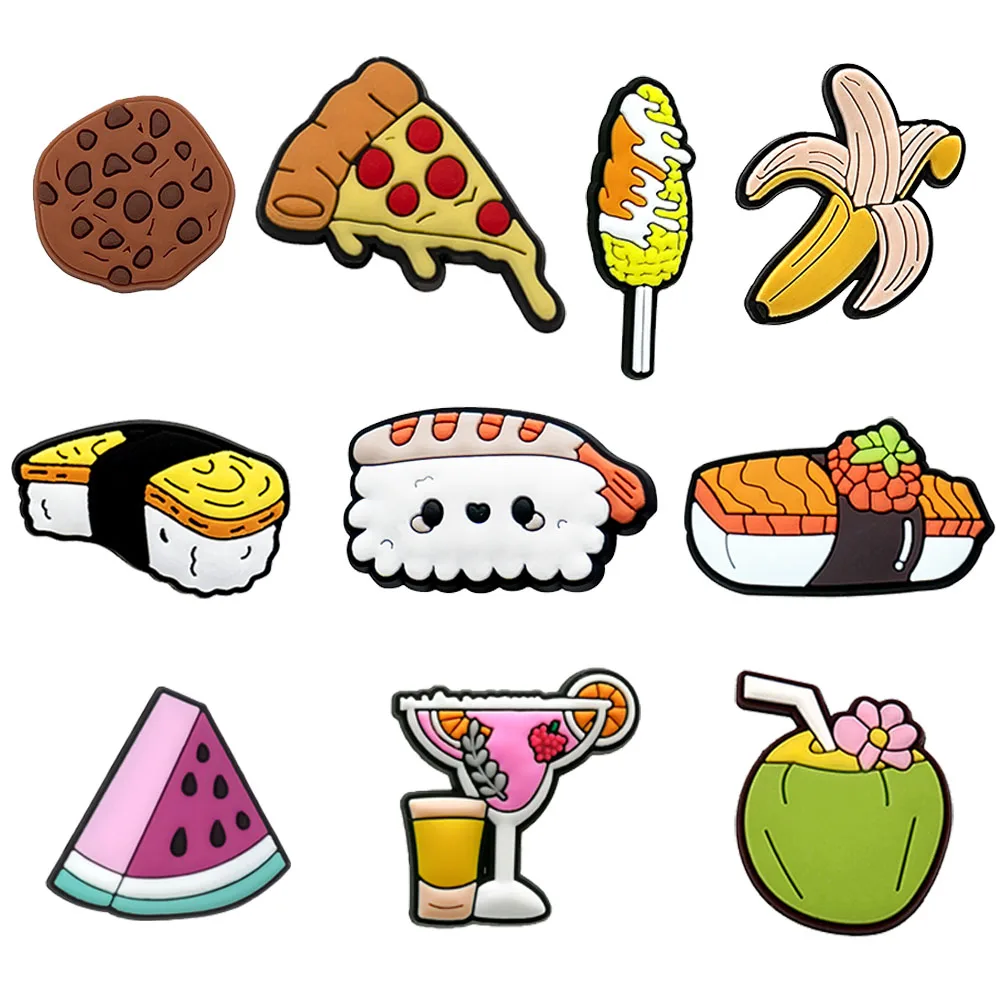 1/10 Stück Lebensmittel PVC Schuh Charms Banane Wassermelone Kokosnuss Trinken Schuh Zubehör Kekse Pizza Mais Sushi Pin Clog Jeans für Mädchen