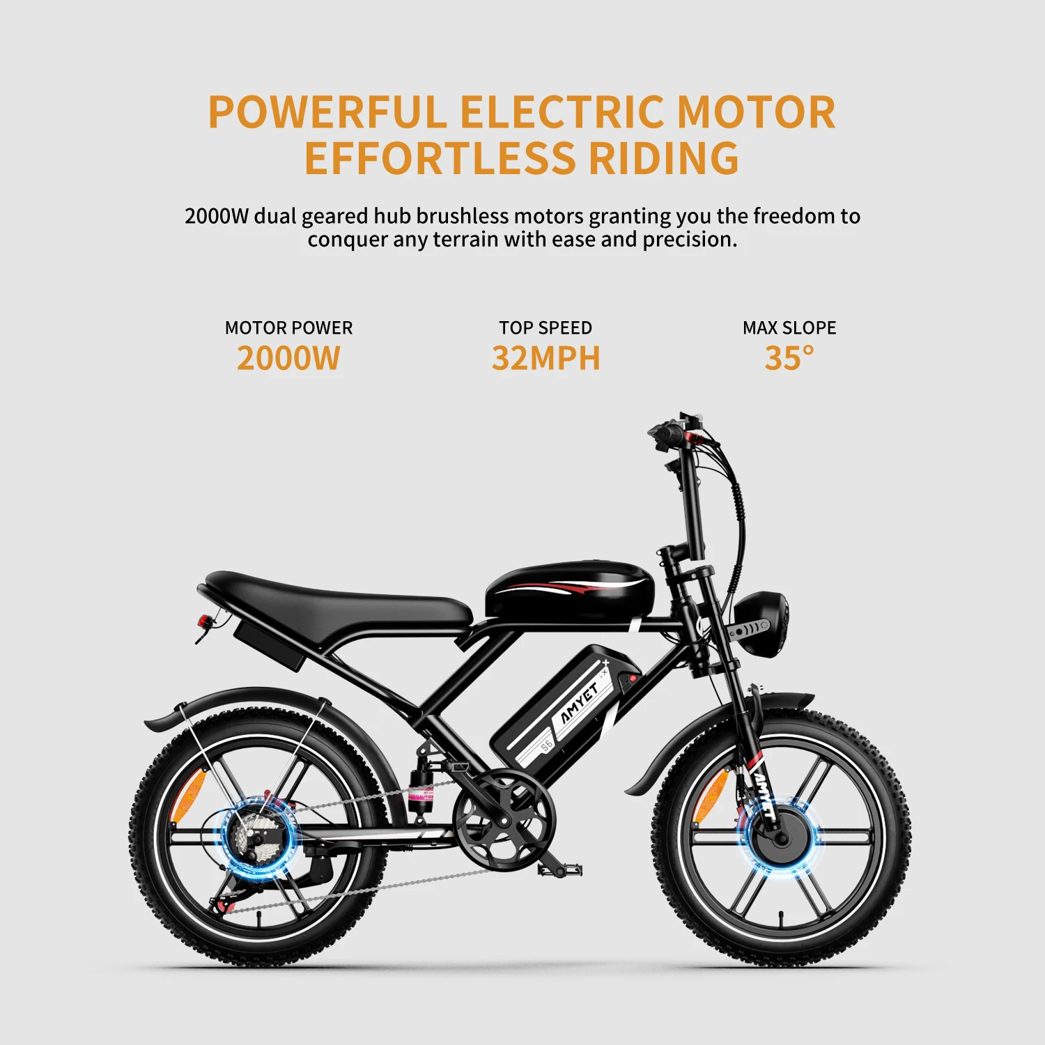 Bici elettrica AMYET S6 per adulti Dual Moter Peak 3000W, doppia batteria rimovibile 52V 50AH, 140 miglia, bici elettrica da moto 32MPH