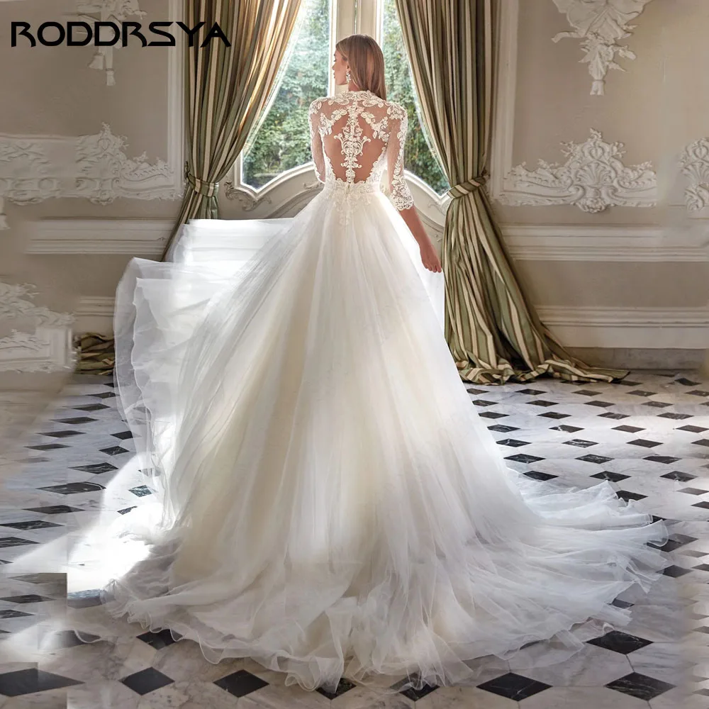 RODDRSYA Civil Scoop Neck Wedding Dress Lace A-Line Illusion Back Bride Gown Applique 3/4 Sleeves Custom Made Bridal Dress 2024