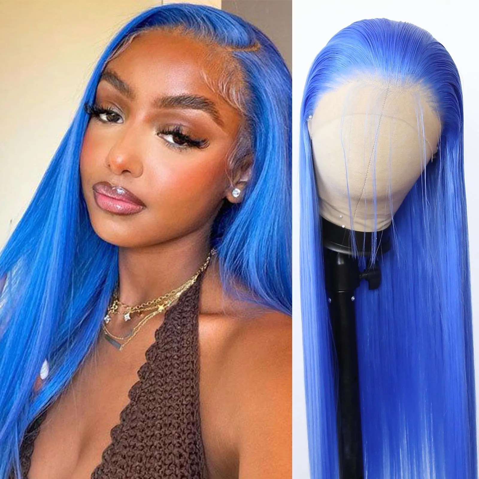 Blue Wig Straight Lace Front Wig 13x4 HD Lace Wig Pre Plucked Natural Hairline Free Part Synthetic And Blend perruque Cosplay