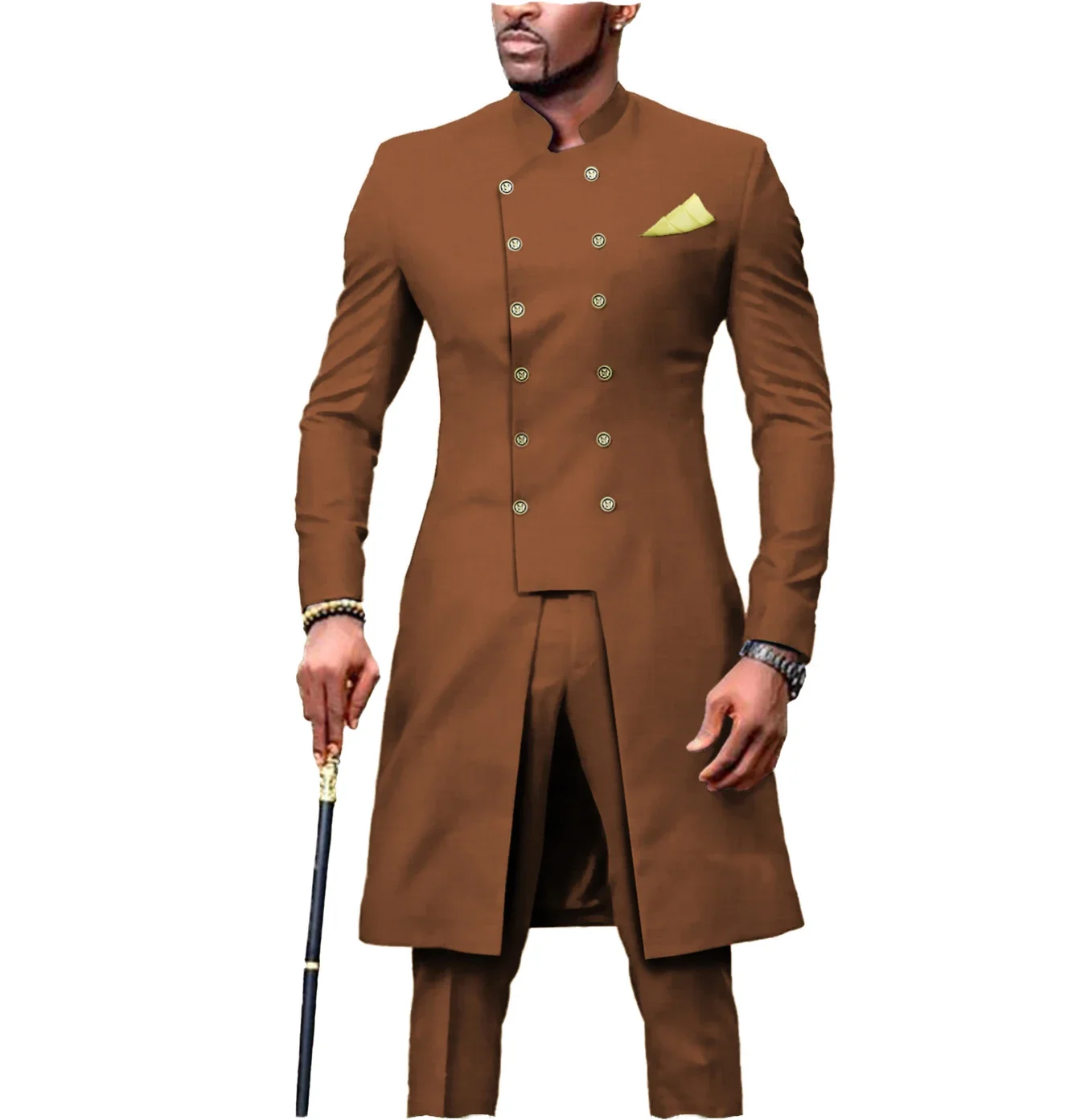 African Men Suits with Stand Collar Vintage Wedding Groom Tuxedo Slim Fit Male Long Jacket (Blazer+Pants) Custom Made