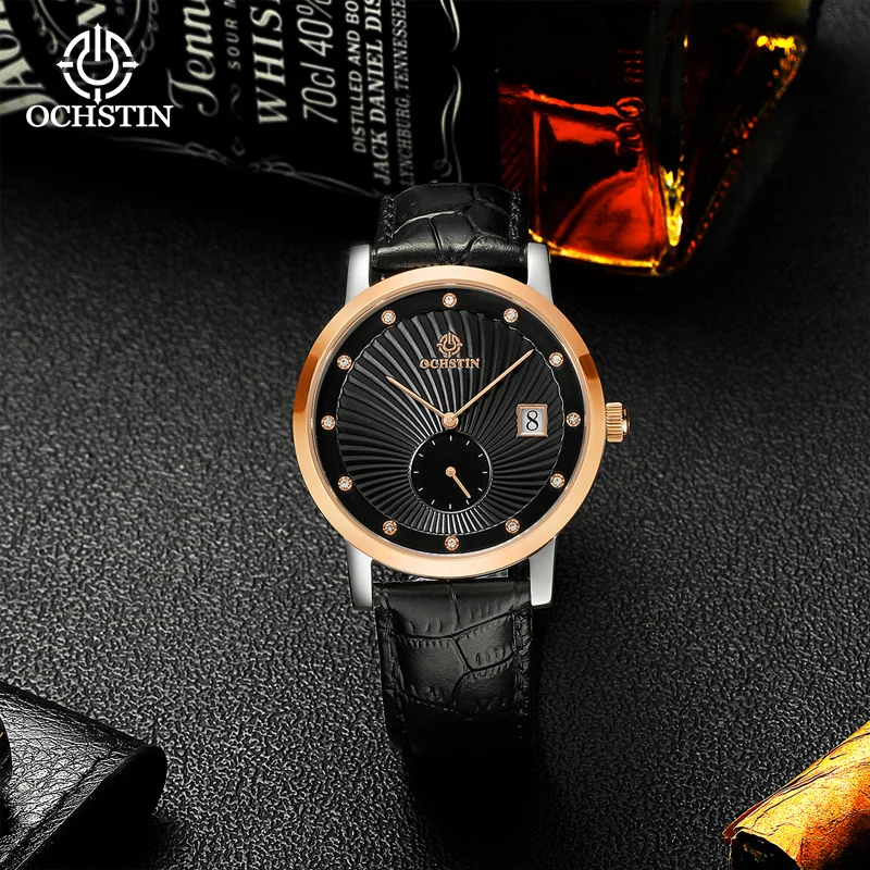 

OCHSITN Unique Mens Watches Date Quartz Wristwatch Black White Leather Luxury Fashion Diamond Watch For Men Jewelry Waterproof