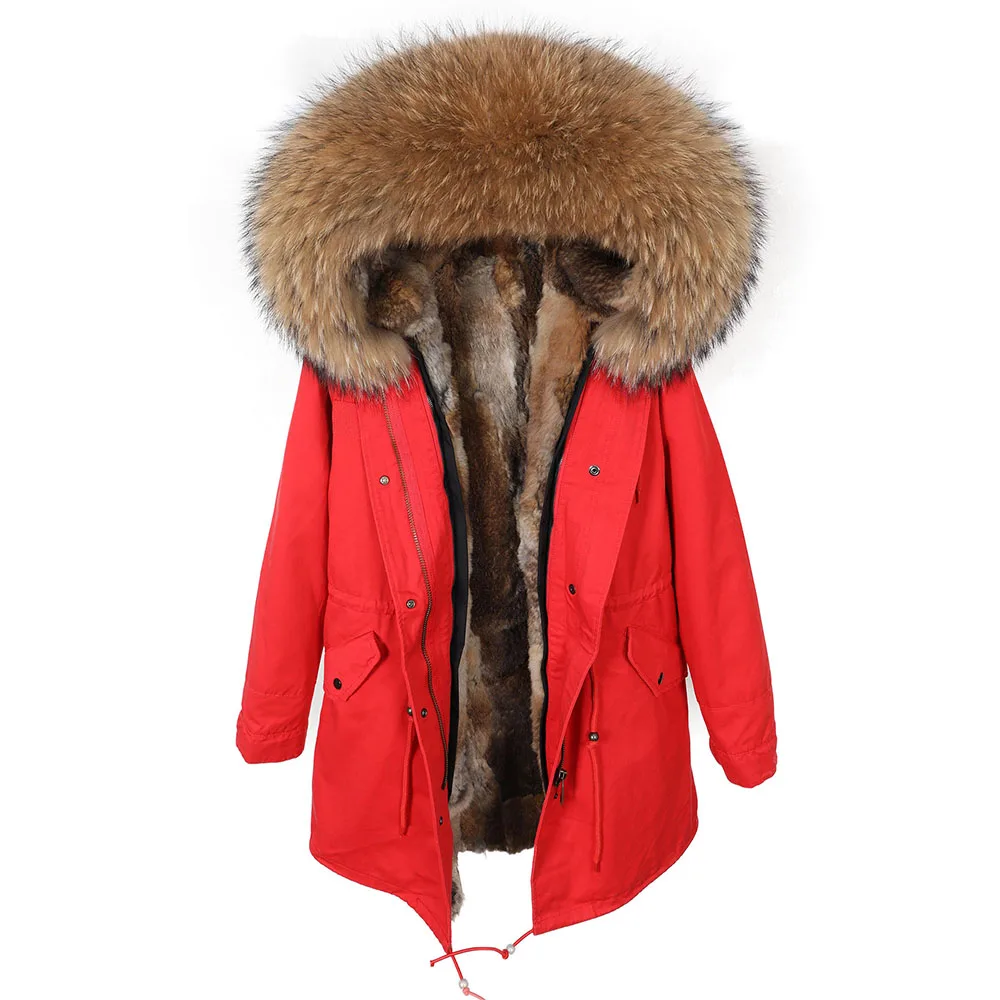 MAOMAOKONG Real Raccoon Fur Collar Winter Women's clothing Removable Rabbit Fur Lining Thickened Red Jacket Long Parkas