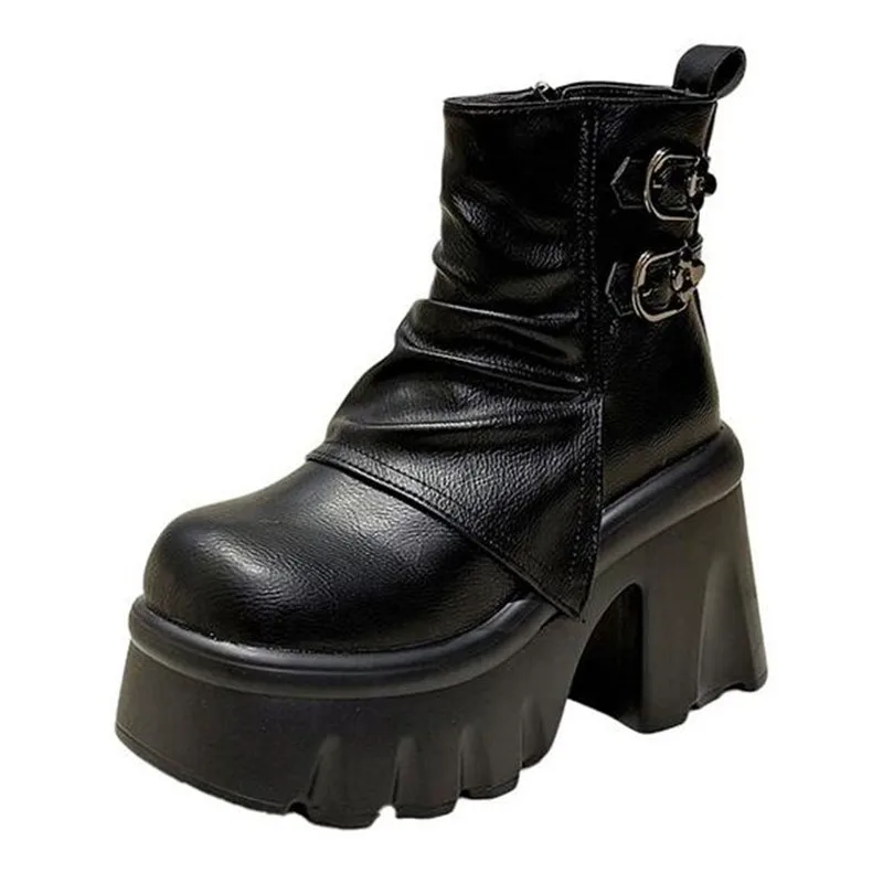 Autumn Winter Women Biker Boots Fashion Belt Buckle Ladies Elegant Platform Long Pipe Booties Casual Women Middle calf Booties