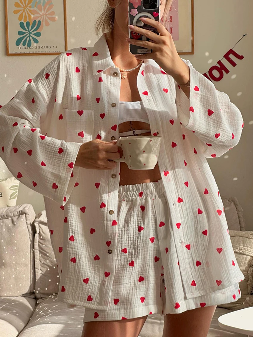 Marthaqiqi Cotton Printing Women Pajama Set Long Sleeve Sleepwear Turn-Down Collar Nightwear Shorts Casual Femme Nightgowns Suit