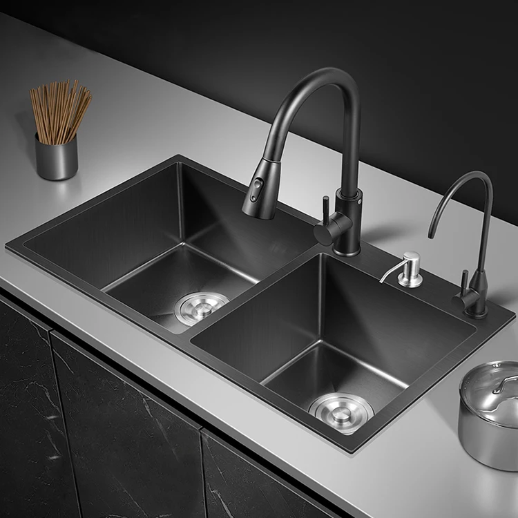 Nano household black 304  strainer stainless steel three-hole undermount kitchen basin sink