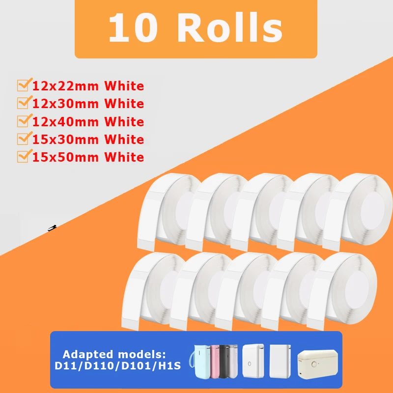 10 Rolls NiiMBOT D110 D11 D101 H1S Offical Label Printer Sticker White Color Paper Roll 12x30mm 12x40mm 15x30mm 15x50mm