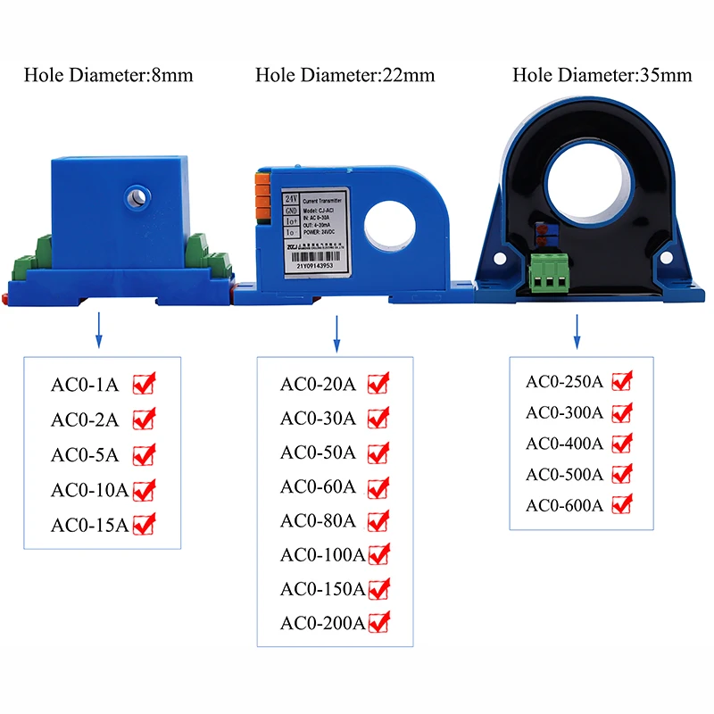 AC1A 5A,10A,15A,20A,30A,50A,100A 200A, 400A,500A,600A AC Current Transmitter 4-20mA,0-20mA ,0-5V ,0-10V din ampere sensor