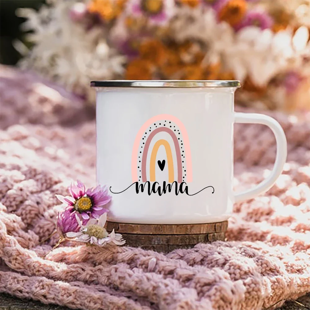 Outdoor Travel Water Cups Leopard Mama Rainbow Print Enamel Coffee Tea Mugs Home Office Breakfast Milk Oat Mug Mother's Day Gift