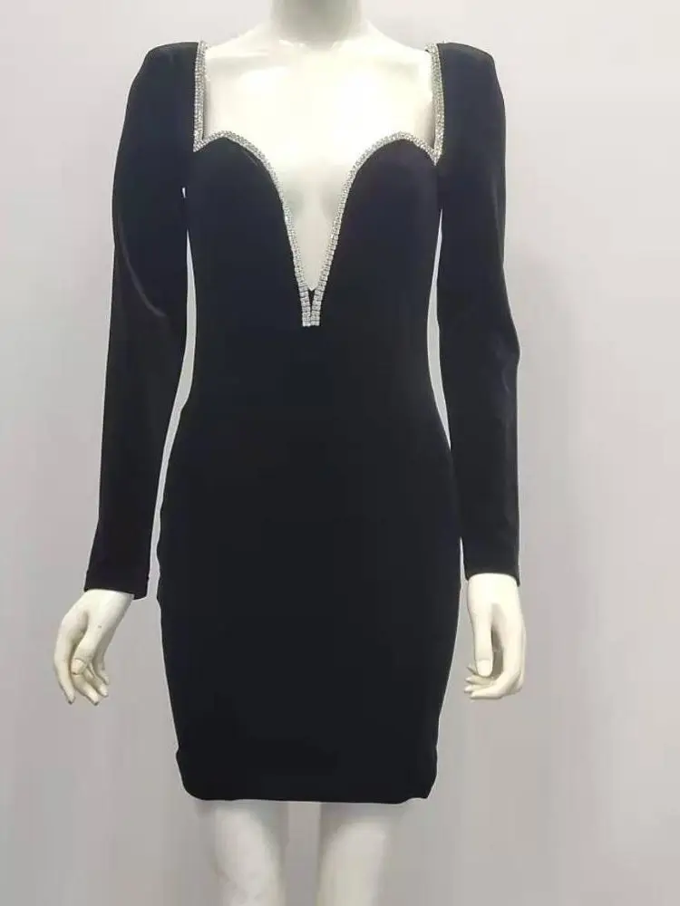 Vestido de lujo de manga larga con cristales de diamante negro para mujer, vestido de noche ajustado para invierno, Vestidos de boda y cumpleaños