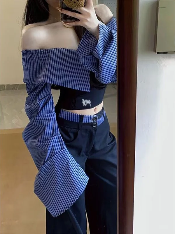 

Spring New plus Size One Shoulder Splice Women's Loose Slimming Casual Pants Two Piece Set Comfortable Long Sleeve Long Pants