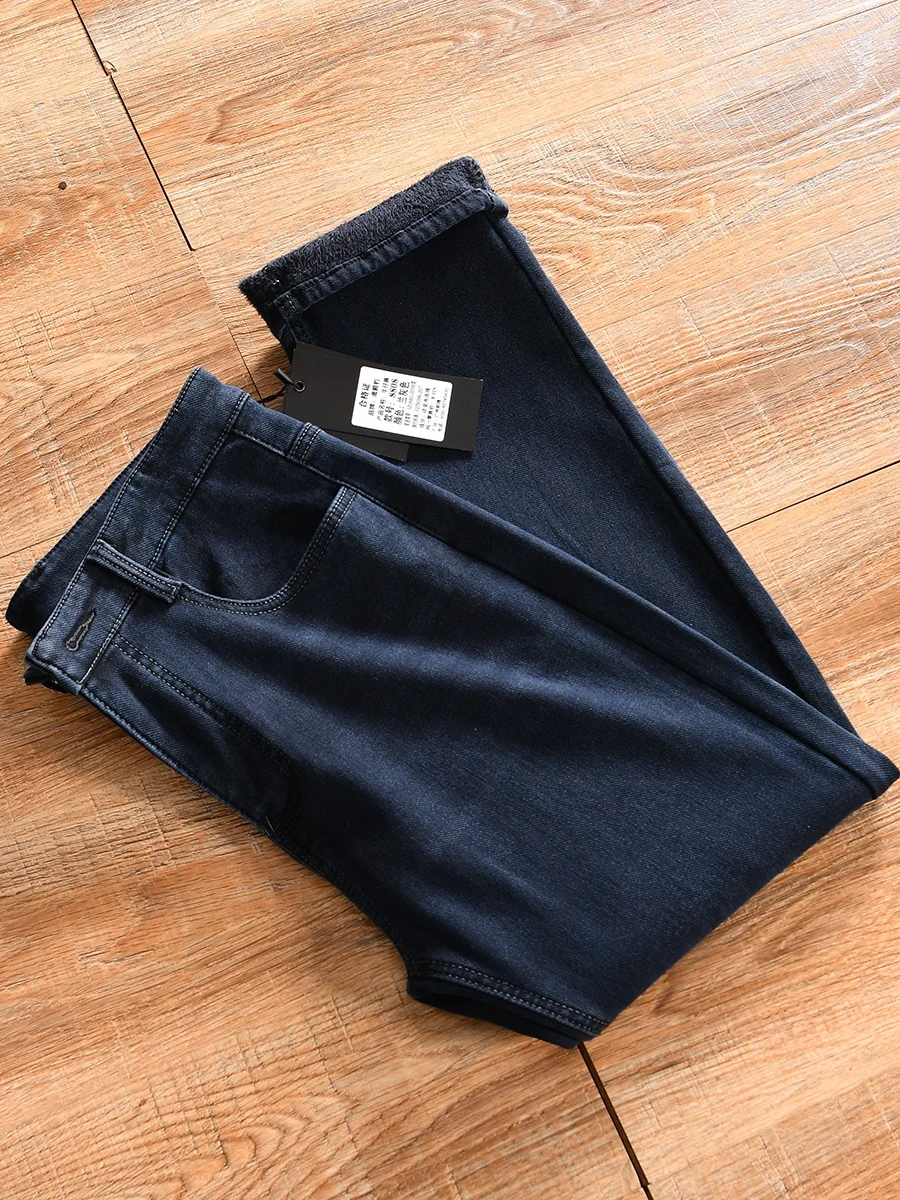 

Fleece Lined Casual Men's Straight Leg Jeans High Elasticity Warm Winter Trousers Youth Popular Cotton Polyester Blend