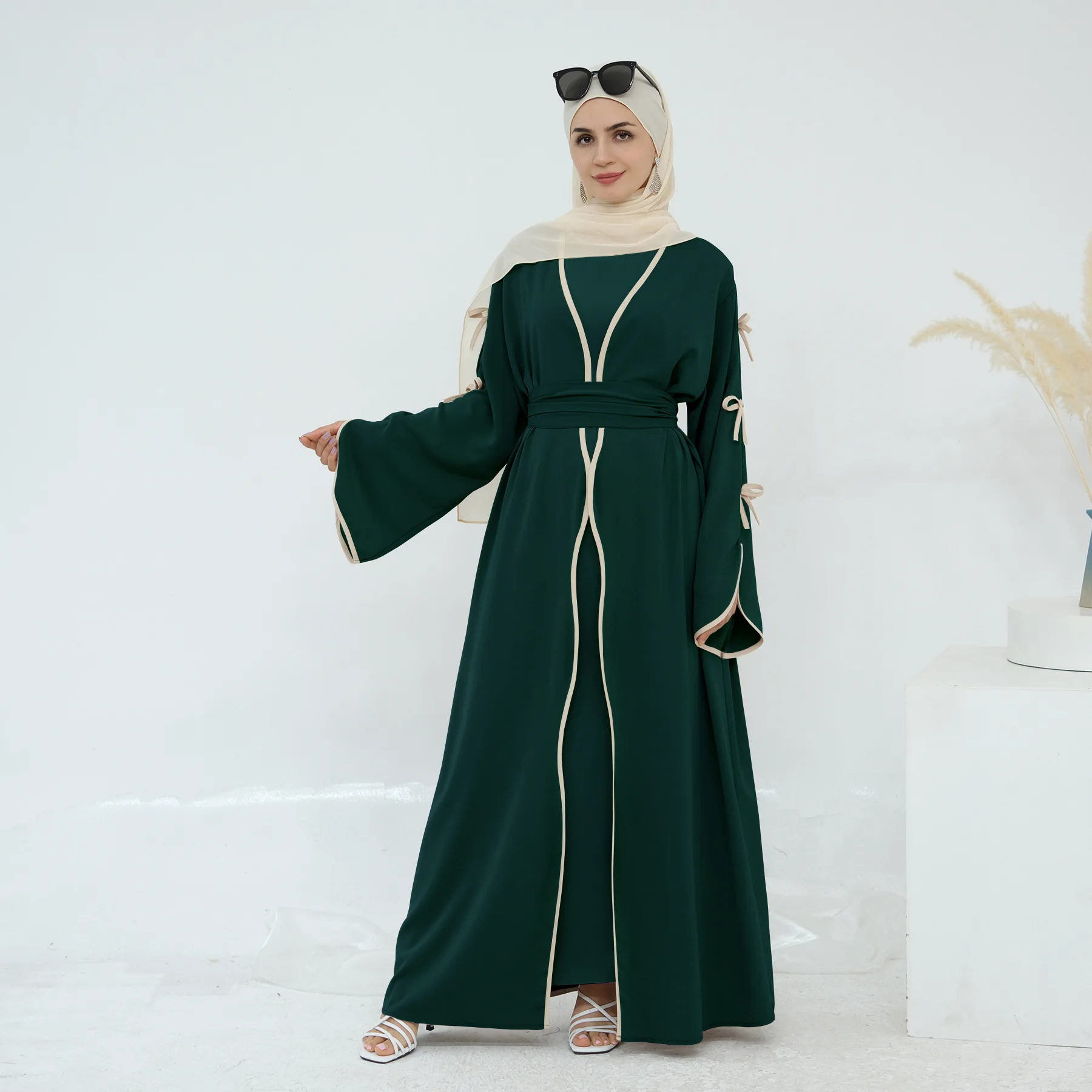Moyen-Orient musulman nouvelle mode femmes couleur unie décontracté à la mode élégant 2 pièces ensembles Cardigans Abaya robe intérieure vêtements féminins