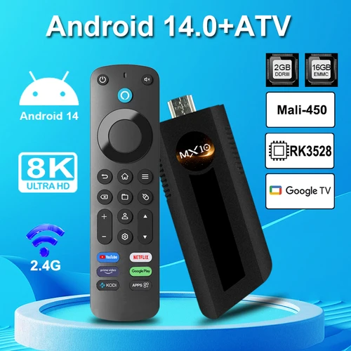 Venta al por mayor de fábrica Mortal MX10F8 PRO 8K Wifi6 BT5.0 RK3528 Quad Core Android 14 Smart TV Stick de China compatible con control de voz