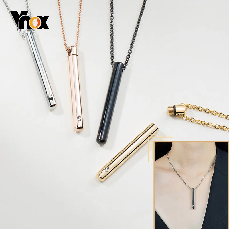 Vnox Elegant Women Necklace Can Open Urn Pendant Stainless Steel Hollow Tube with AAA CZ Stone Ashes Memorial Keepsake Jewelry