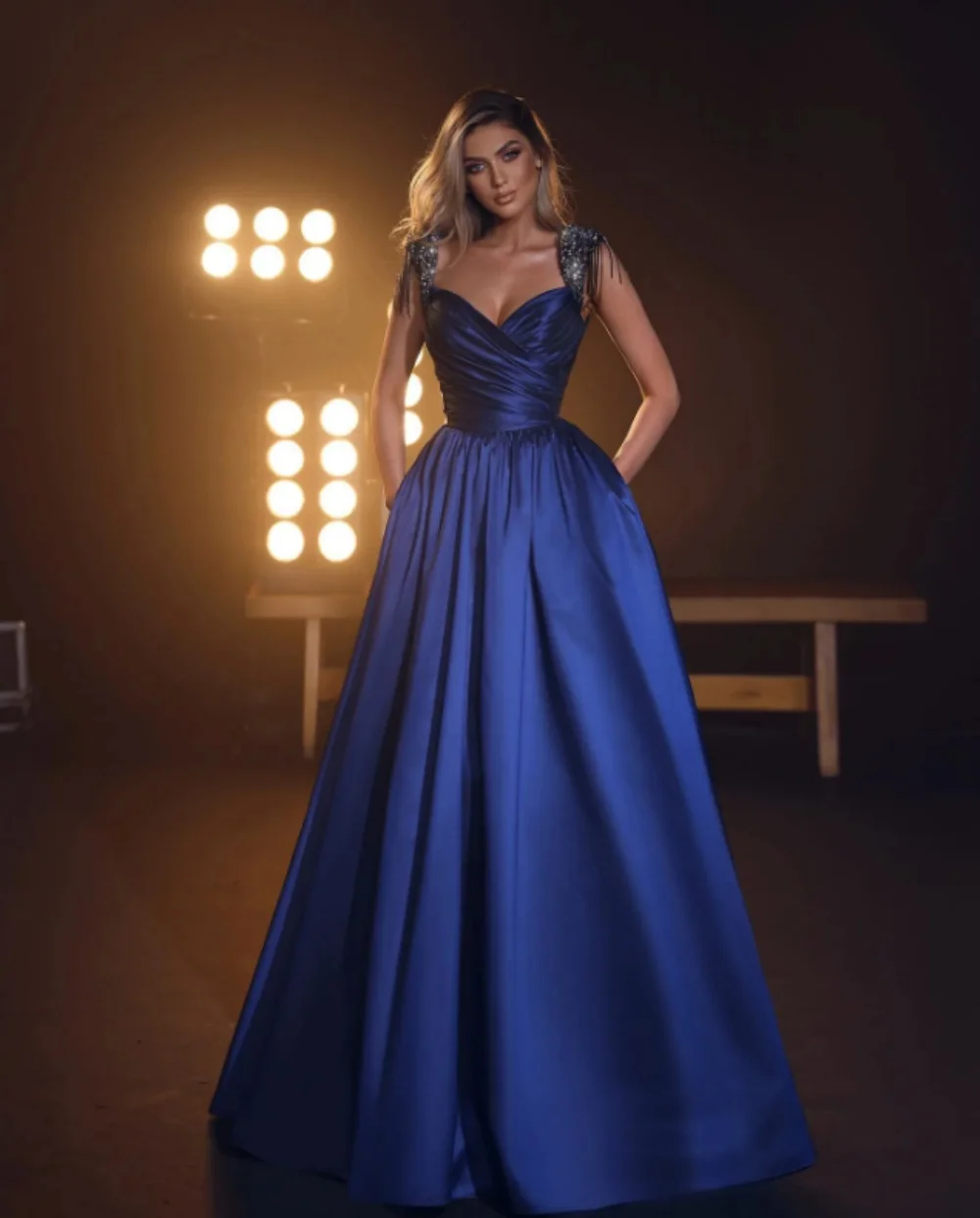 Dark Blue A-Line Evening Dress Beads Straps Tassels Prom Party Dress Pleats Women Formal Dress Satin Floor-Length Robe de soirée