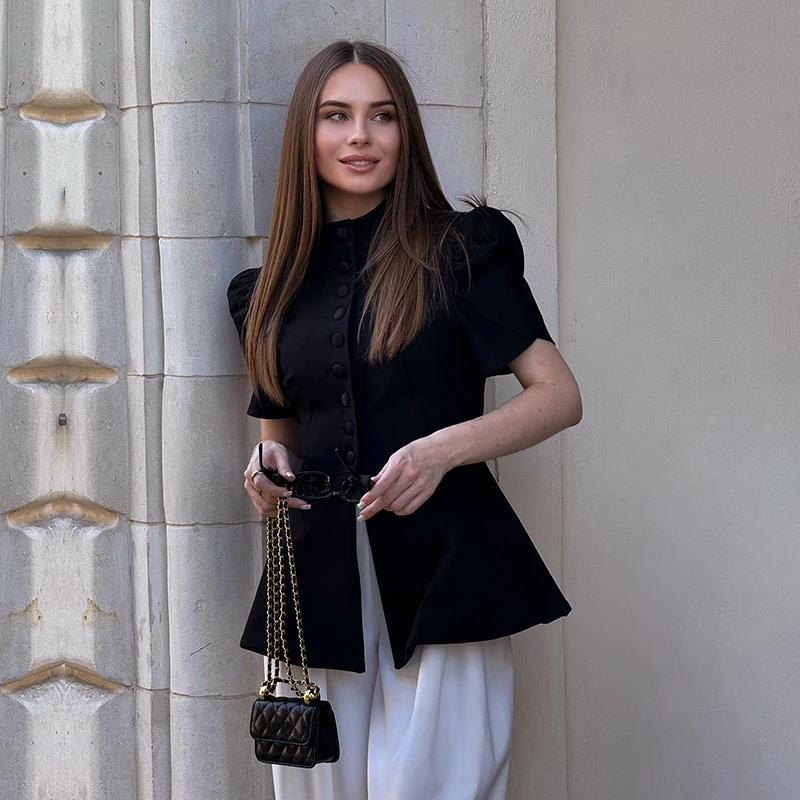Elegant Solid Stand Collar Suit Jacket Women Retro Ruffle Hem Single Breasted Short Sleeve Coat Female Commute Formal Party Wear