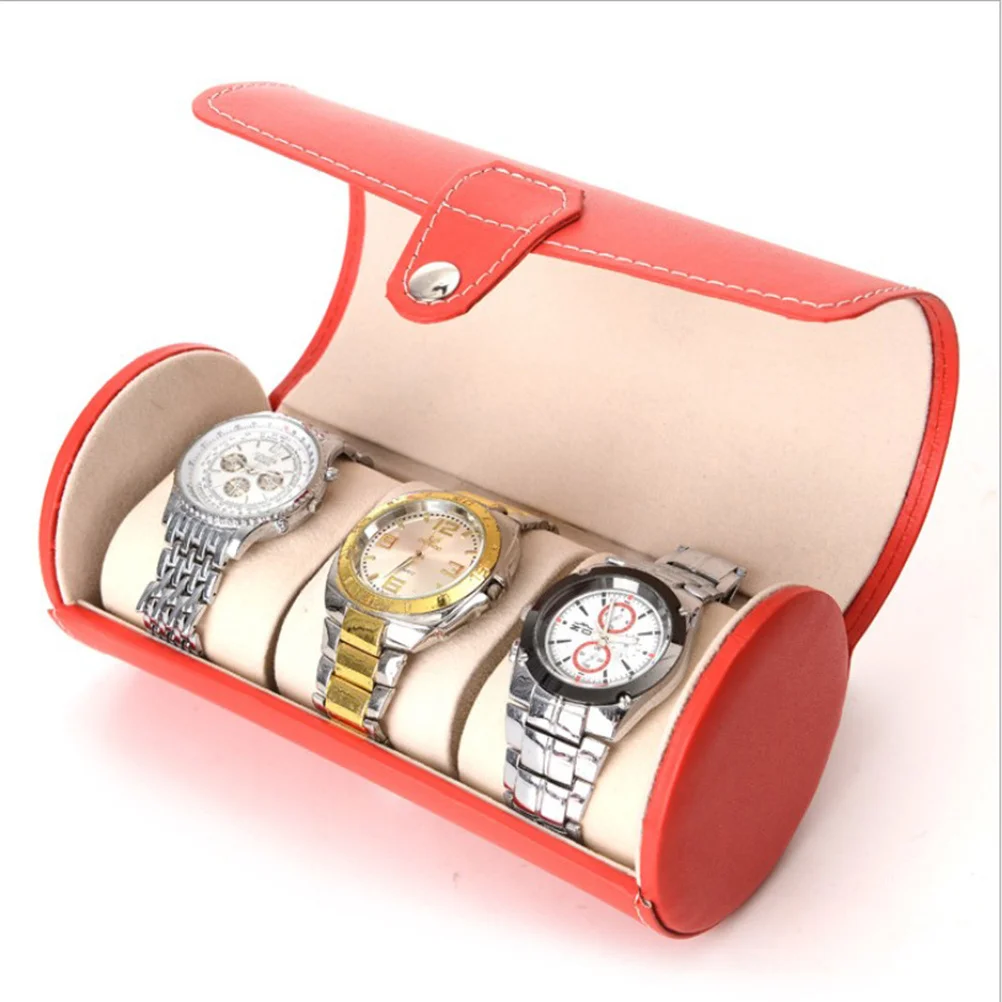 صندوق تخزين حلقة الساعة، تصميم أسطواني متين باللون الأحمر، منظم سطح المكتب لساعات المجوهرات والأقلام وإكسسوارات ديكور الطاولة