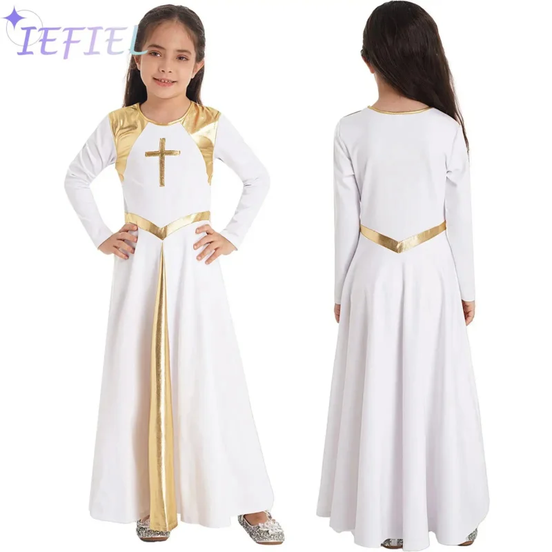 

Girls Long Church Party Dancewear Liturgical Praise Lyrical Worship Dance Costume Kids Slim Waist Long Dress Stage Performance