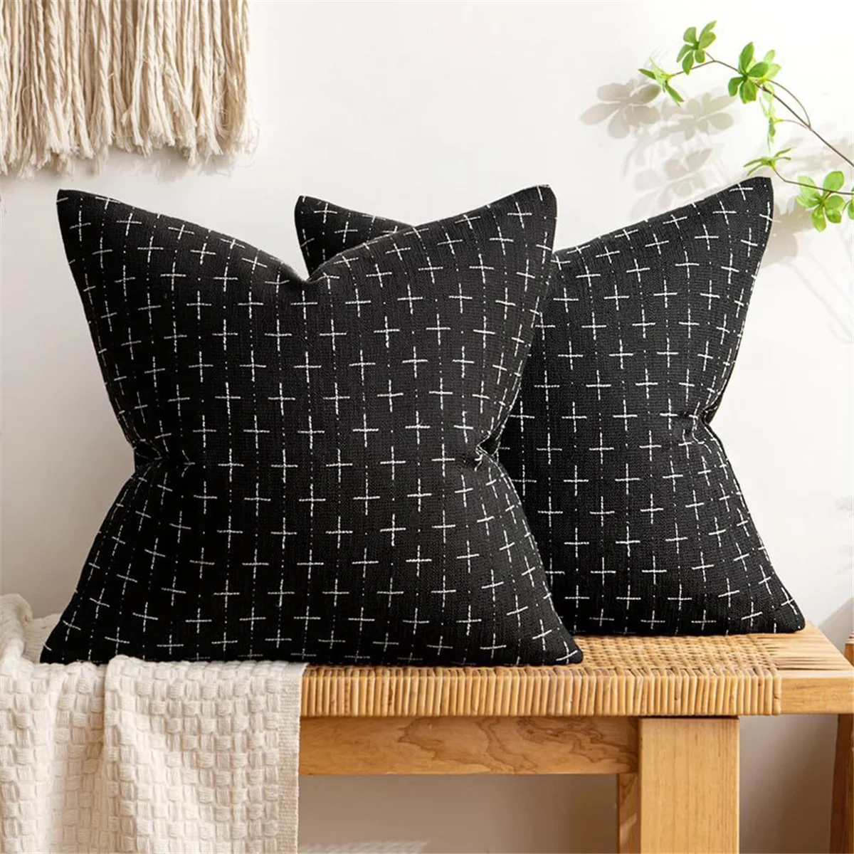 2025+ Decorative Throw Pillow Covers 18x18 Inch Black Vintage Couch Pillow Covers Pillowcase Woven Textured Cushion Cases