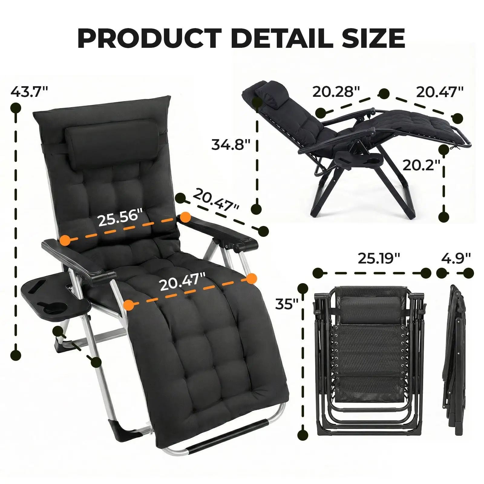 Oversized Zero Gravity Chair Heavy Duty 440lbs Capacity Foldable Outdoor Lounge Chair Ergonomic Adjustable Recliner Patio Furniture Portable Relaxing Seating for Camping Beach Lawn Poolside Garden Black