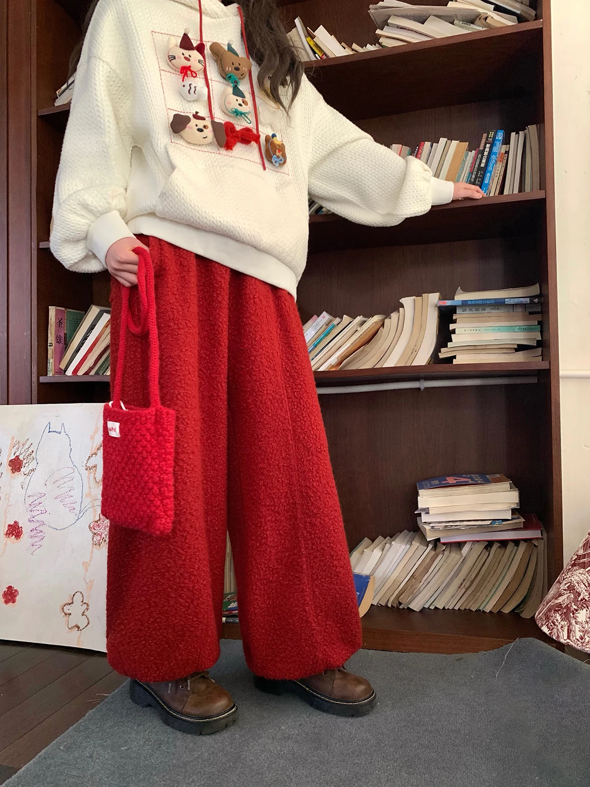 

Красные широкие брюки для женщин, зимние, больших размеров, свободного кроя, шерстяные, повседневные, из смесовой ткани с полиэстером, длинные.