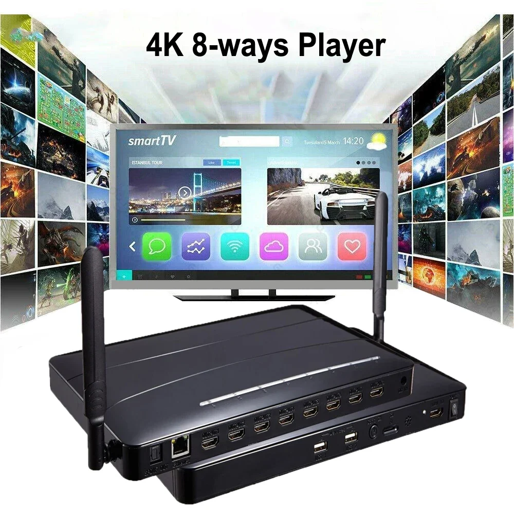 4K 8 Channel HDMI Multimedia Player Multi Media TF Card USB U Flash Disk Pen Drive Video Player Android 4.4 TV Box Plug and Play