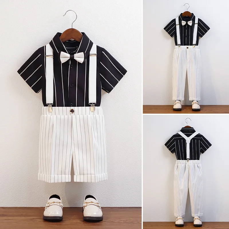 Boys Suspender Outfit Short Sleeve Shirt Trousers Bow Tie Kids Formal Suit Wedding Ring Bearer Birthday Stage Costume for 3-12Y