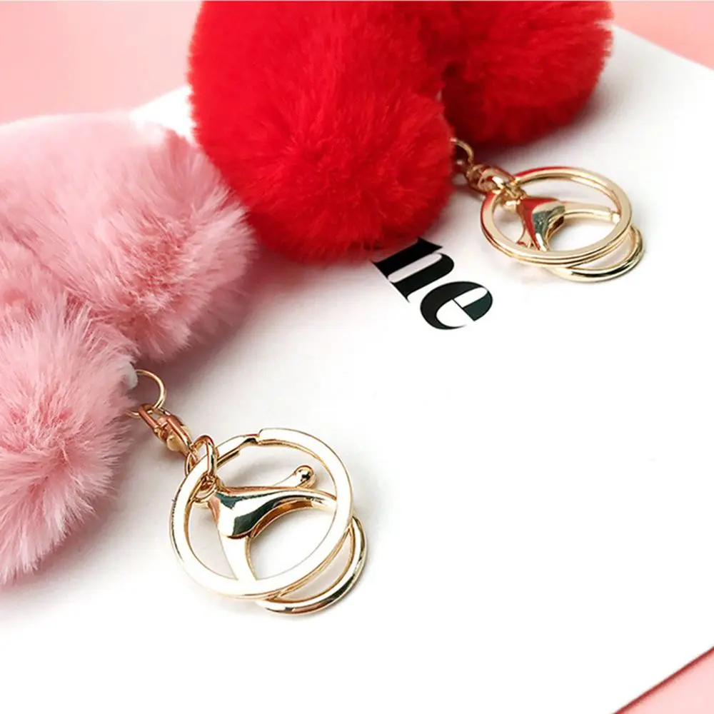 Trendy Handbag Accessories Bag Pendants Soft Keyring Pompom Keychain Fake Rabbit Fur Heart Shape