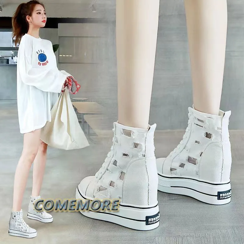 Inner Increase White Shoes 2023 New High-top Canvas Spring Autumn Women Hollow Breathable Casual Thick-soled Women Sneaker Shoes