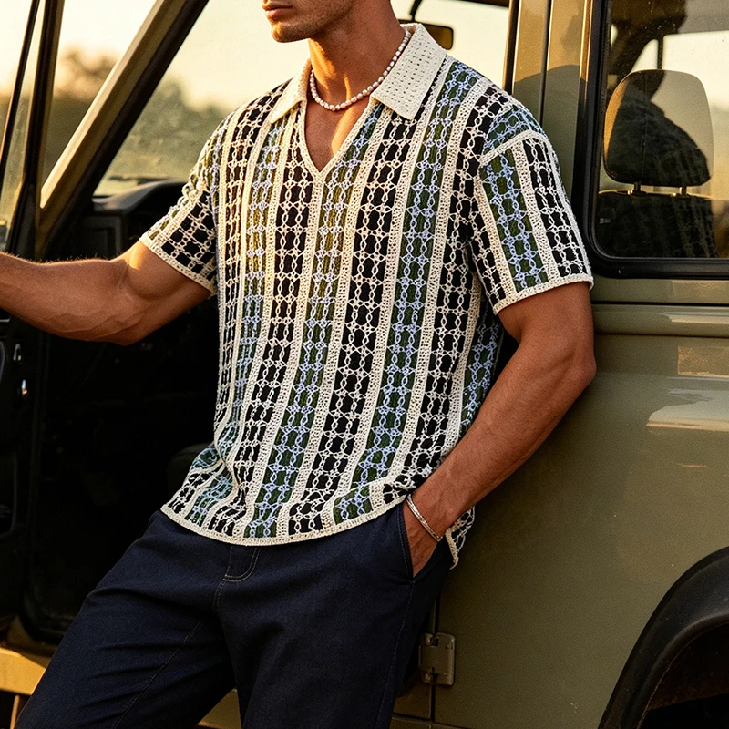2026 Summer New Casual Lapel Knit Tops Men Vintage Plaid Crochet Knitting Polo Shirts Mens Daily Leisure Short Sleeve Polo Shirt