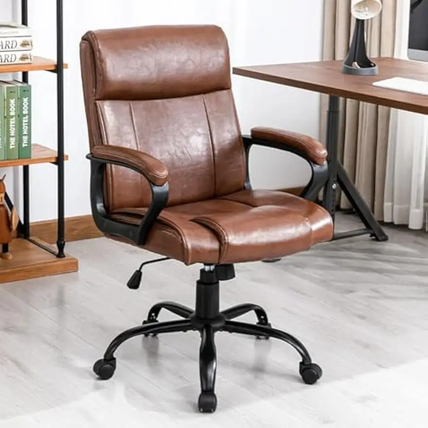 Ergonomic Brown Leather Mid-Back Office Chair with Padded Armrests & 400lbs Weight Capacity - Swivel Task Chair for Home Office