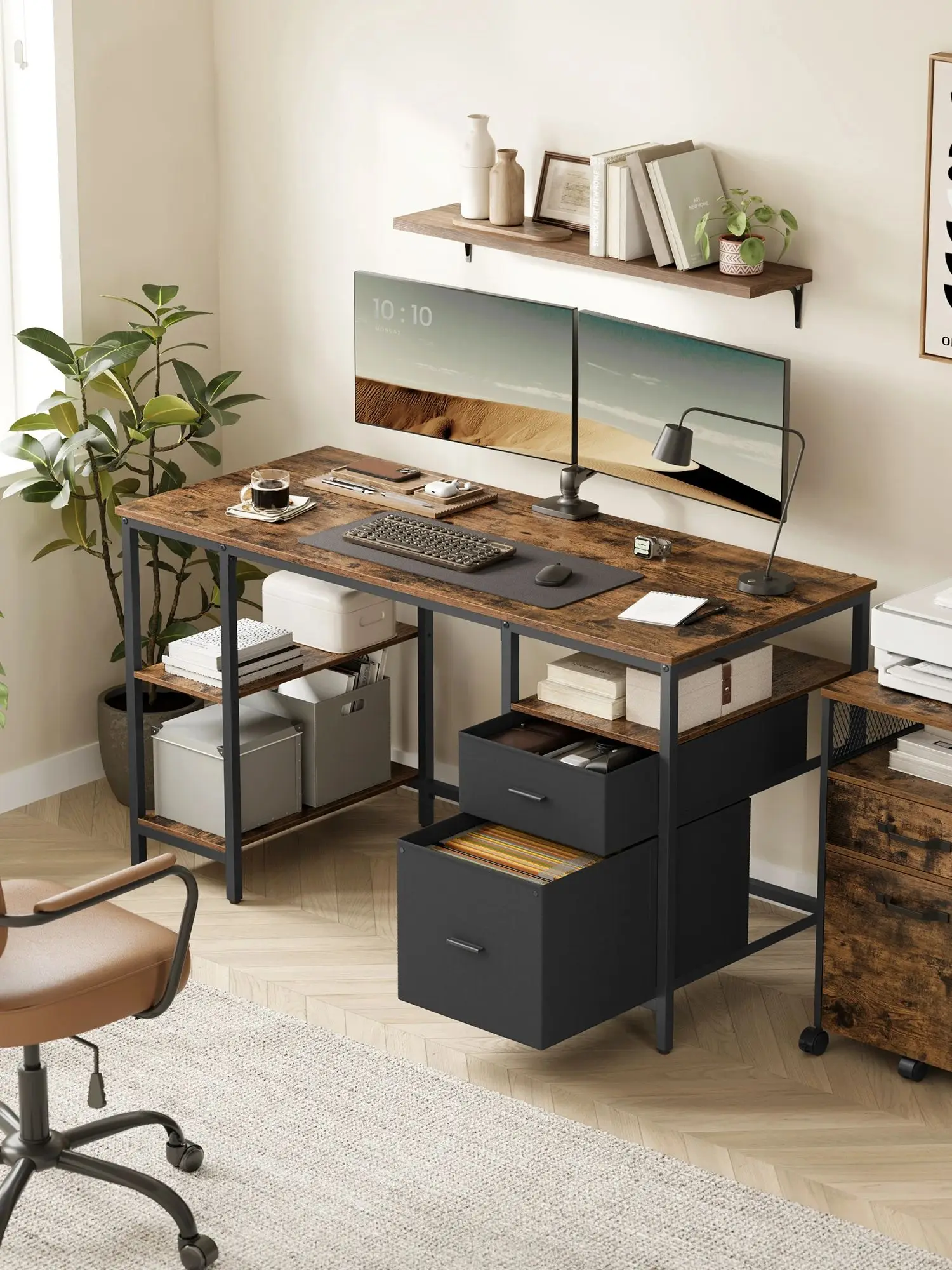 VASAGLE Computertafel, kantoortafel, bureau, met 3 planken, 2 lades, 60x140x76 cm, voor kantoor, woonkamer