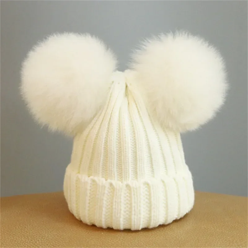 double pompom ball knitted caps for women real fox fur pom pom women's winter hat female headgear skullies beanies